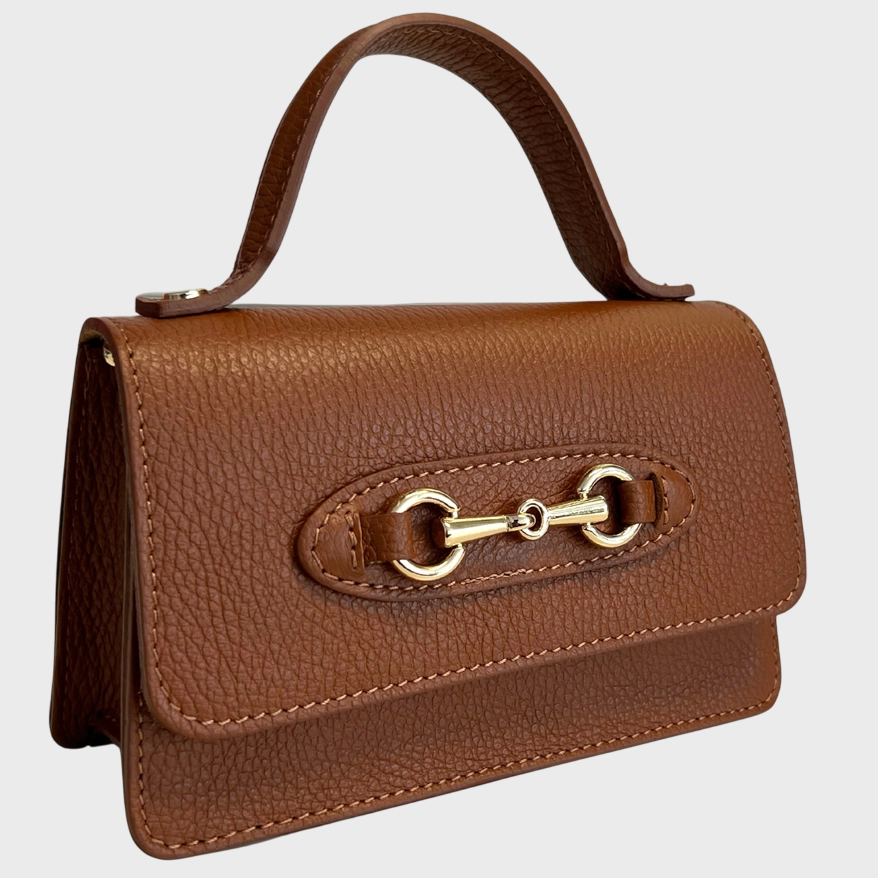 Leather Metallic Horse Clamp Shoulder Bag in Brown