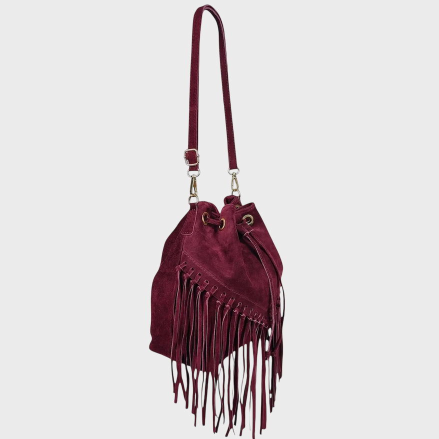 Burgundy Fringe Leather Suede Bag