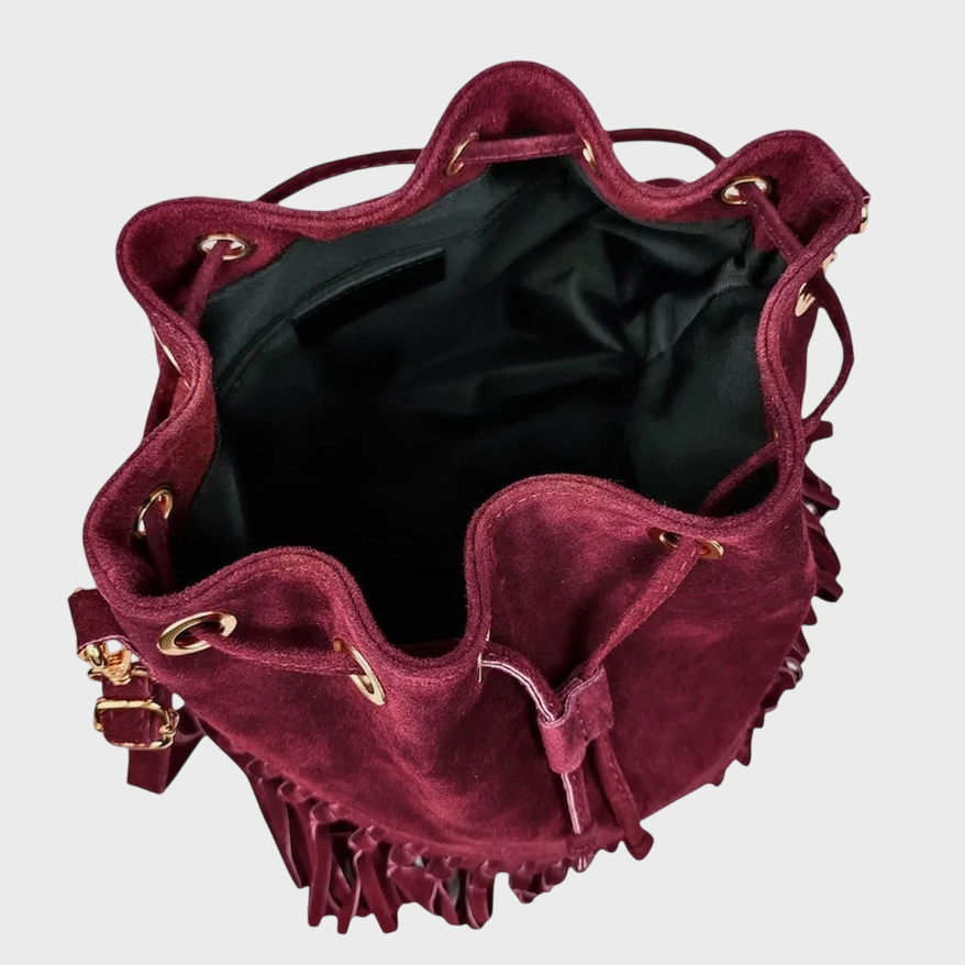 Burgundy Fringe Leather Suede Bag