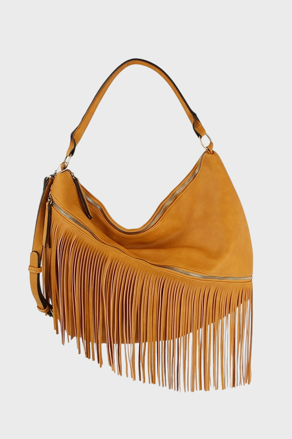 Toffee Fringe Vegan Leather Hobo Shoulder Bag