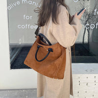 Large Brushed Vegan Crossbody Tote Bag - Caramel Brown