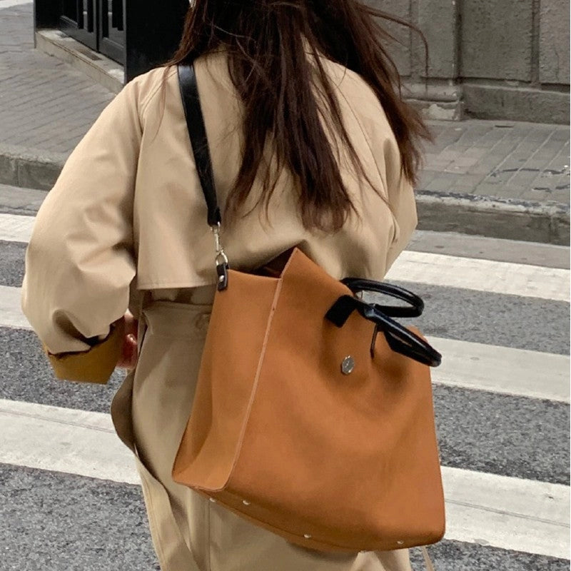 Large Brushed Vegan Crossbody Tote Bag - Caramel Brown