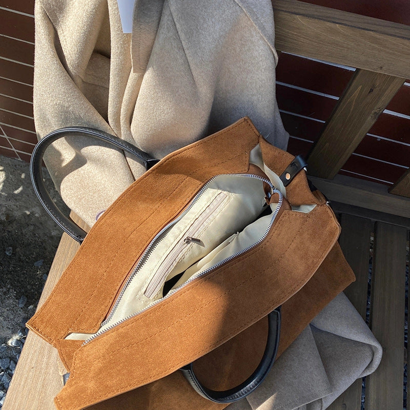 Large Brushed Vegan Crossbody Tote Bag - Caramel Brown