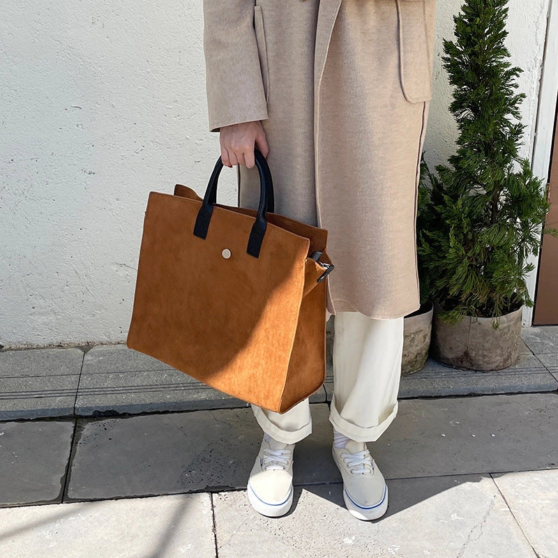 Large Brushed Vegan Crossbody Tote Bag - Caramel Brown