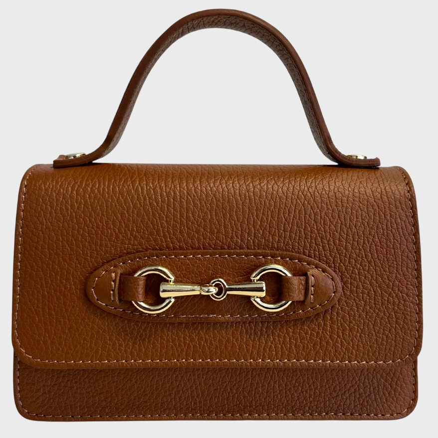 Leather Metallic Horse Clamp Shoulder Bag in Brown