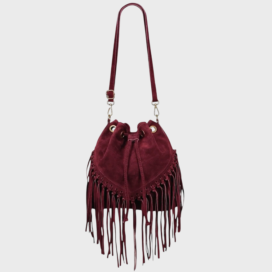 Burgundy Fringe Leather Suede Bag