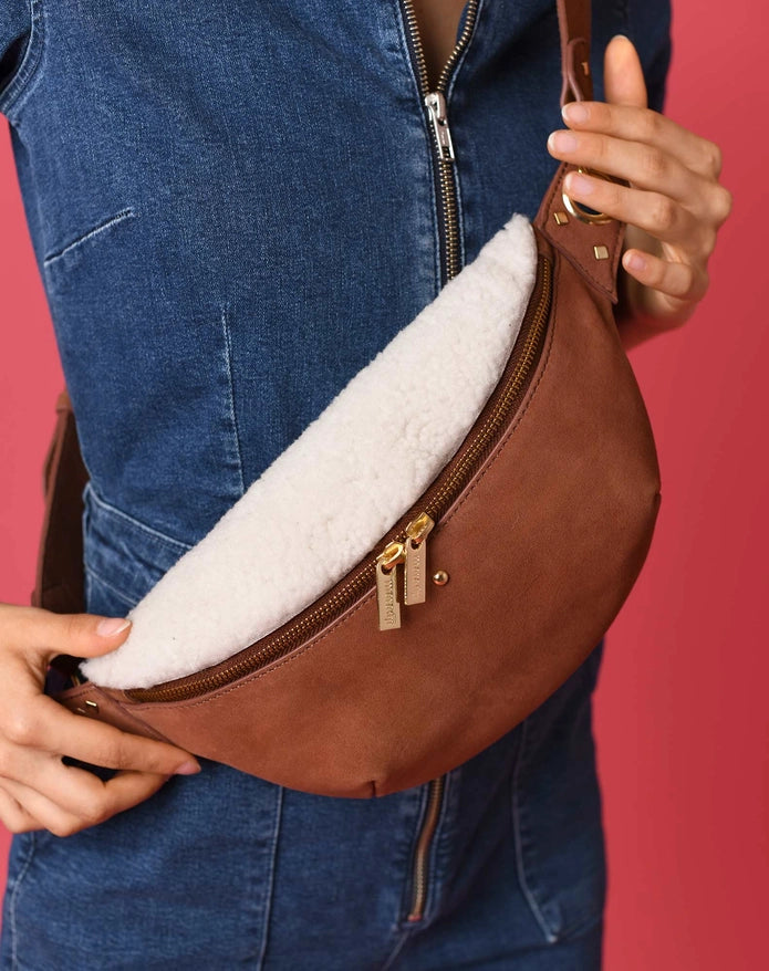 The Nicole Leather & Sherpa Bumbag - Brown